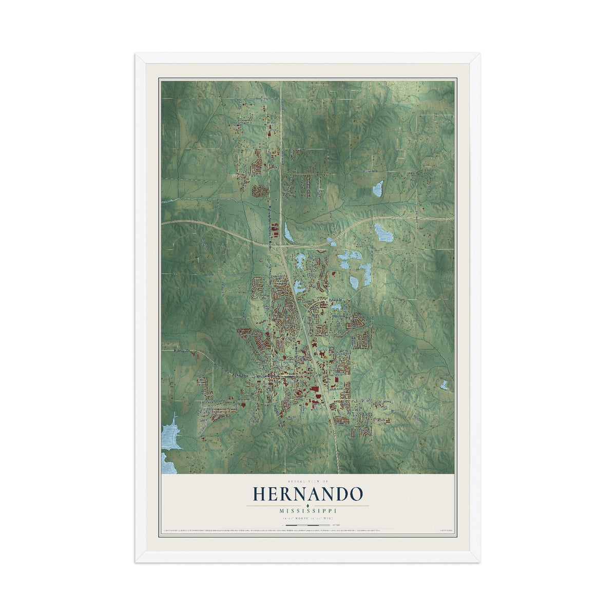 Map of Hernando, Mississippi, 12 x 18 inch print in a white wood frame