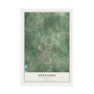 Map of Hernando, Mississippi, 12 x 18 inch print in a white wood frame