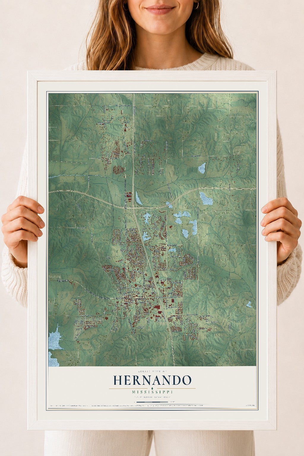 Map of Hernando, Mississippi, 18 x 24 inch print in a white wood frame