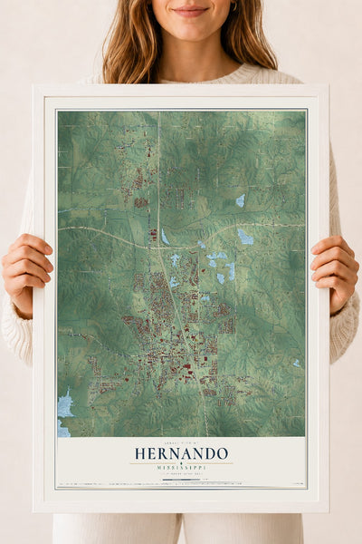 Map of Hernando, Mississippi, 18 x 24 inch print in a white wood frame