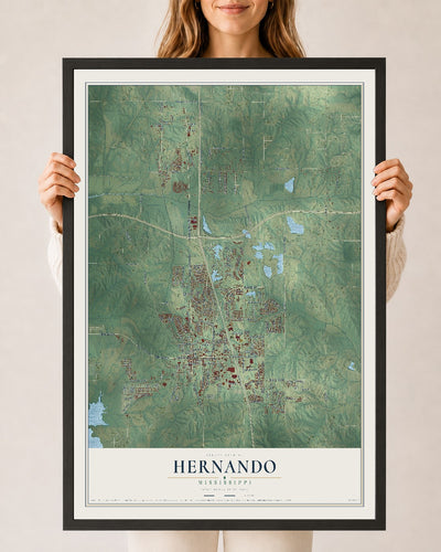 Map of Hernando, Mississippi, 24 x 36 inch print in a black wood frame