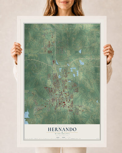 Map of Hernando, Mississippi, 24 x 36 inch print in a white wood frame