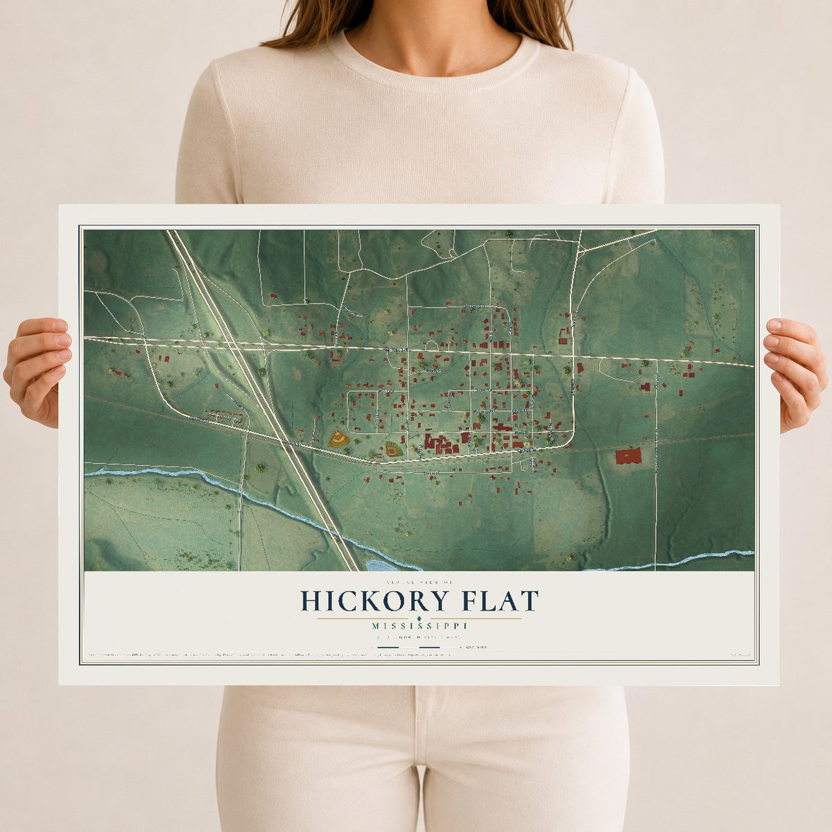 Map of Hickory Flat, Mississippi, 12 x 18 inch unframed archival matte print