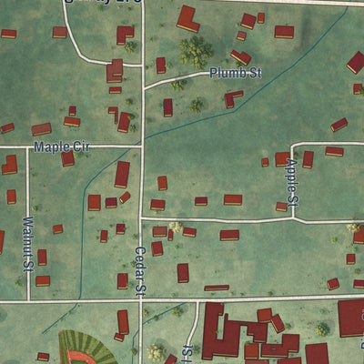 Close-up of the map of Hickory Flat, Mississippi print showing street and building detail