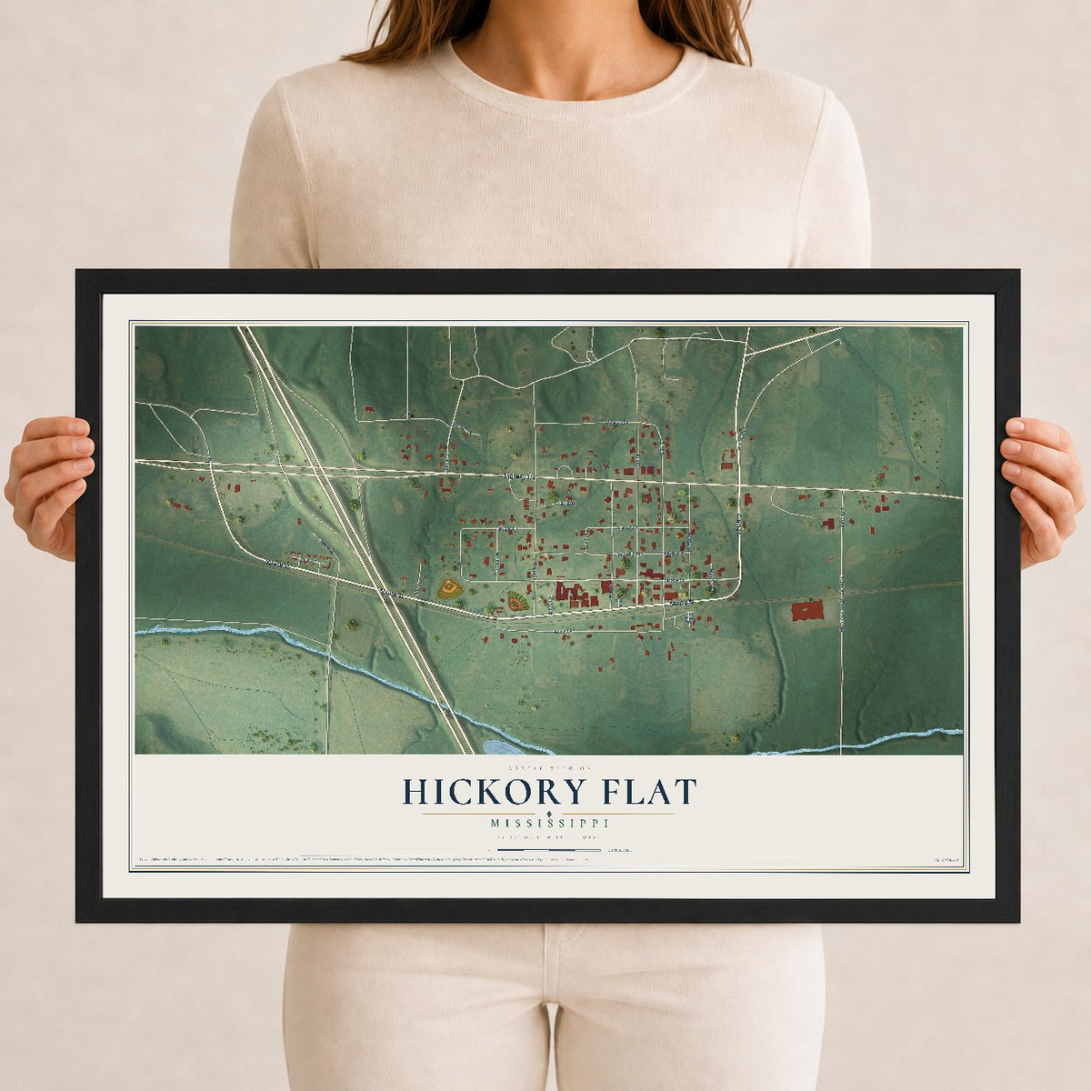 Map of Hickory Flat, Mississippi, 12 x 18 inch print in a black wood frame