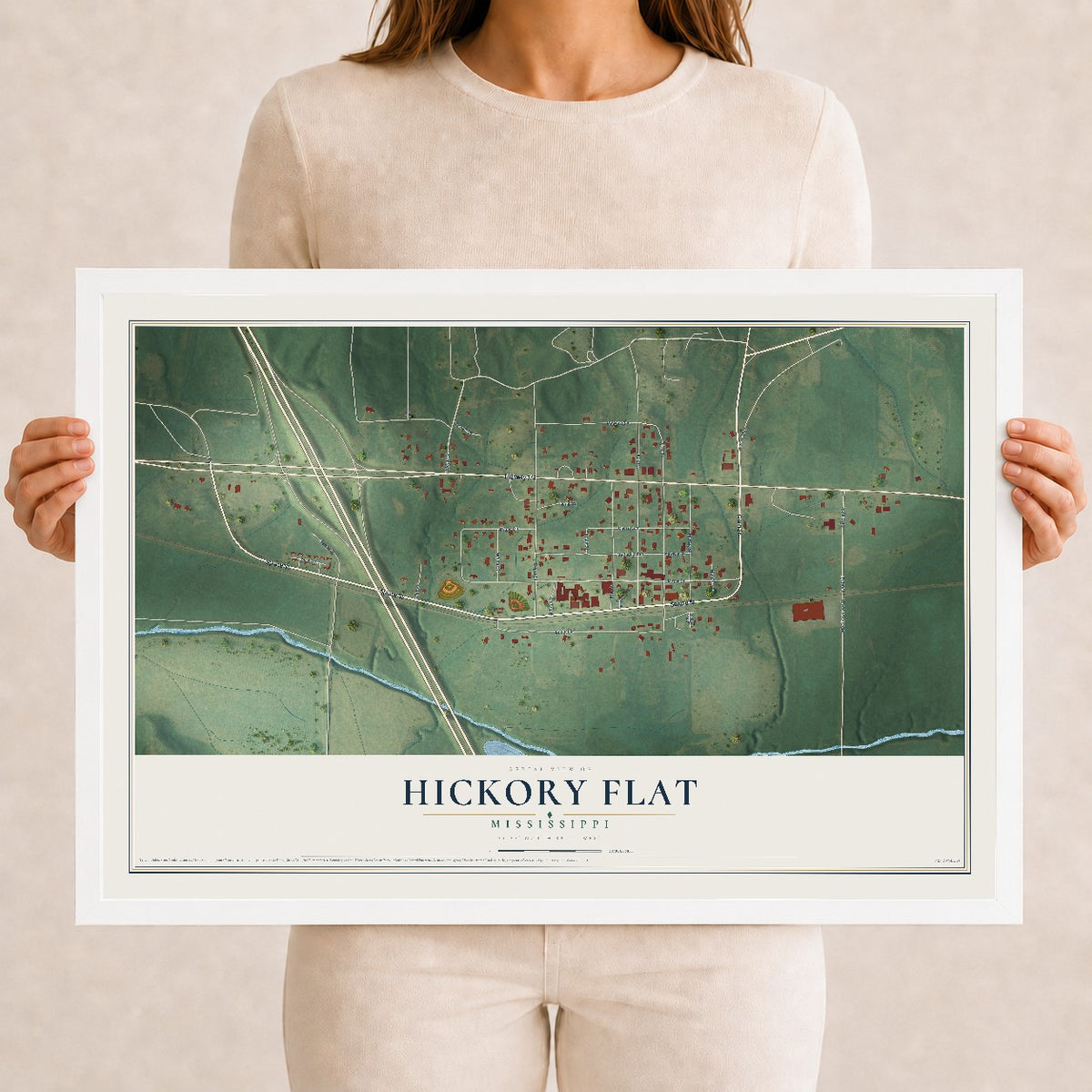 Map of Hickory Flat, Mississippi, 12 x 18 inch print in a white wood frame