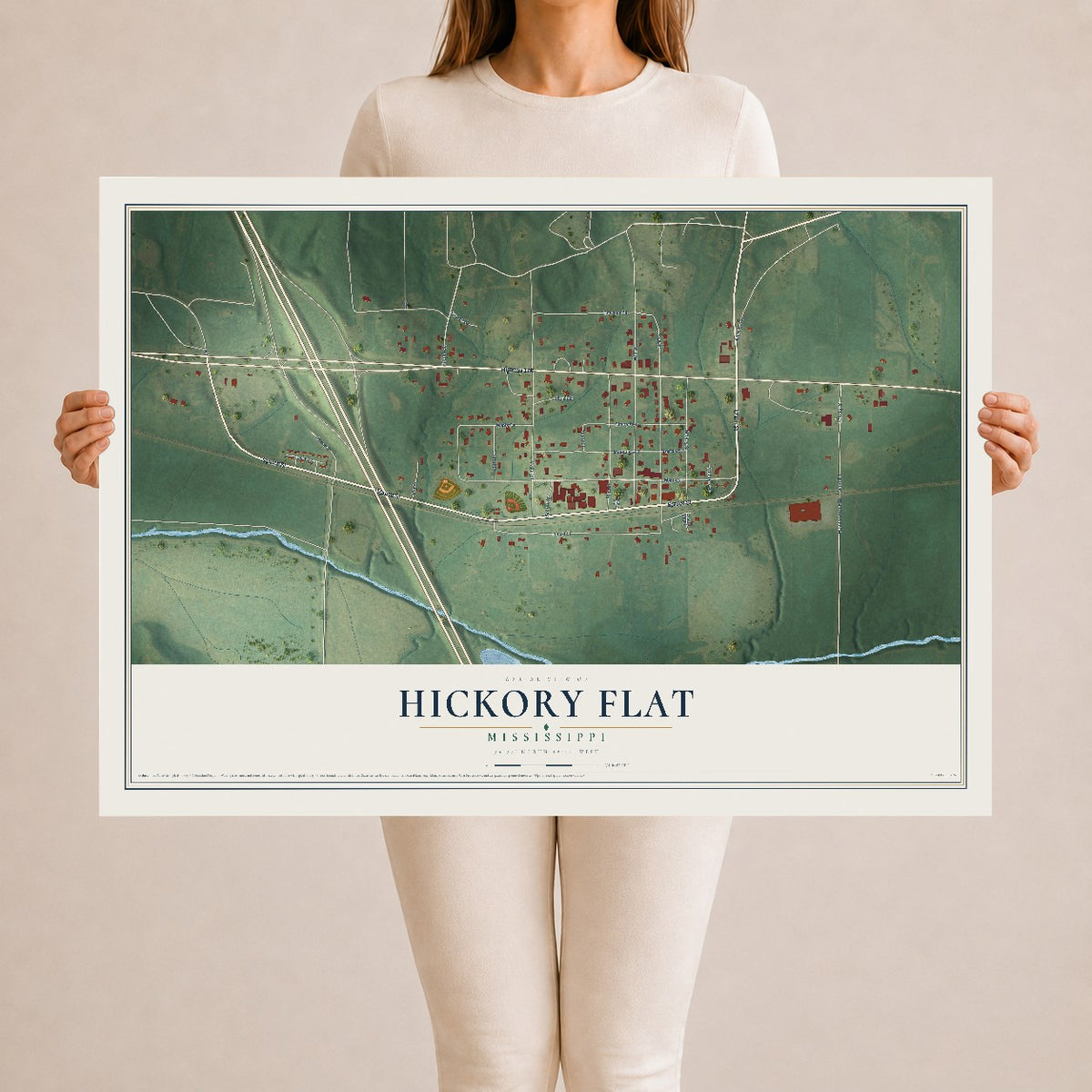 Map of Hickory Flat, Mississippi, 24 x 36 inch unframed archival matte print