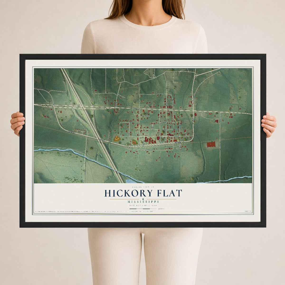 Map of Hickory Flat, Mississippi, 24 x 36 inch print in a black wood frame