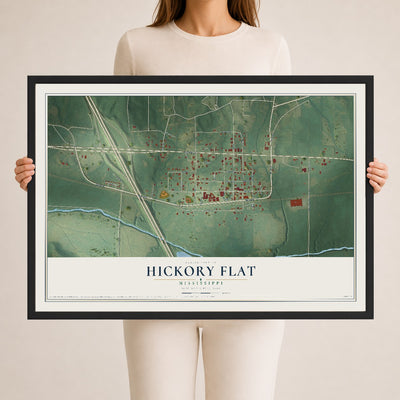Map of Hickory Flat, Mississippi, 24 x 36 inch print in a black wood frame