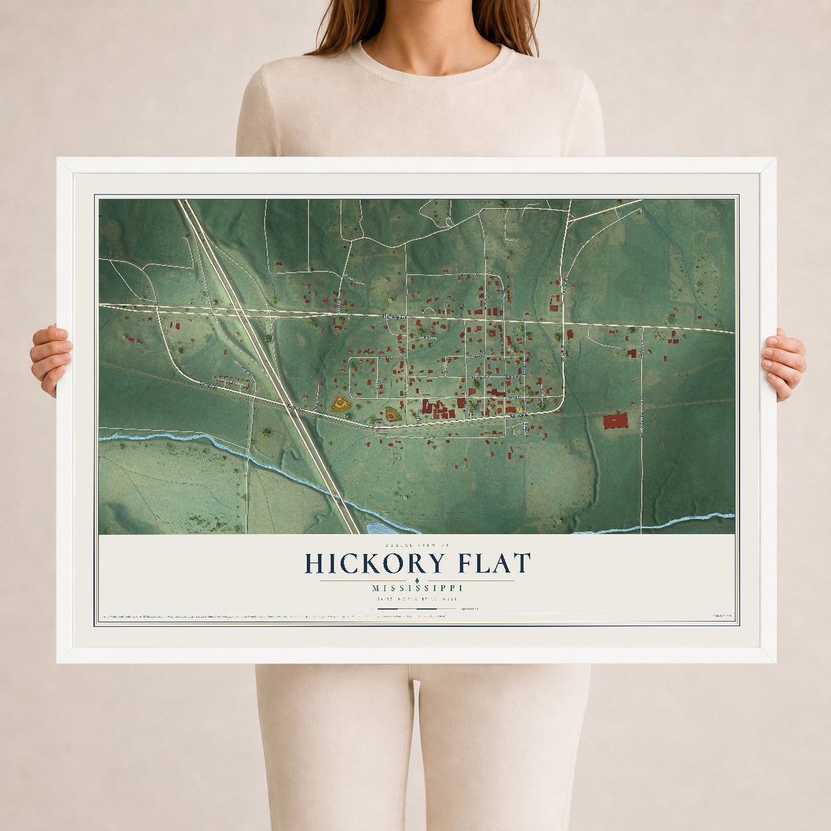Map of Hickory Flat, Mississippi, 24 x 36 inch print in a white wood frame