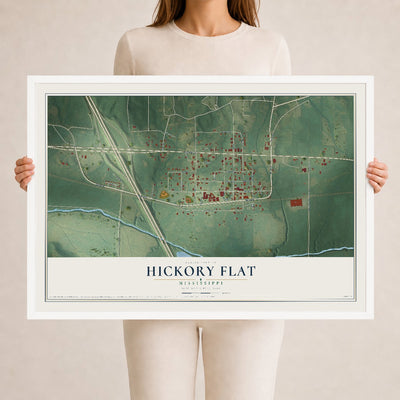 Map of Hickory Flat, Mississippi, 24 x 36 inch print in a white wood frame