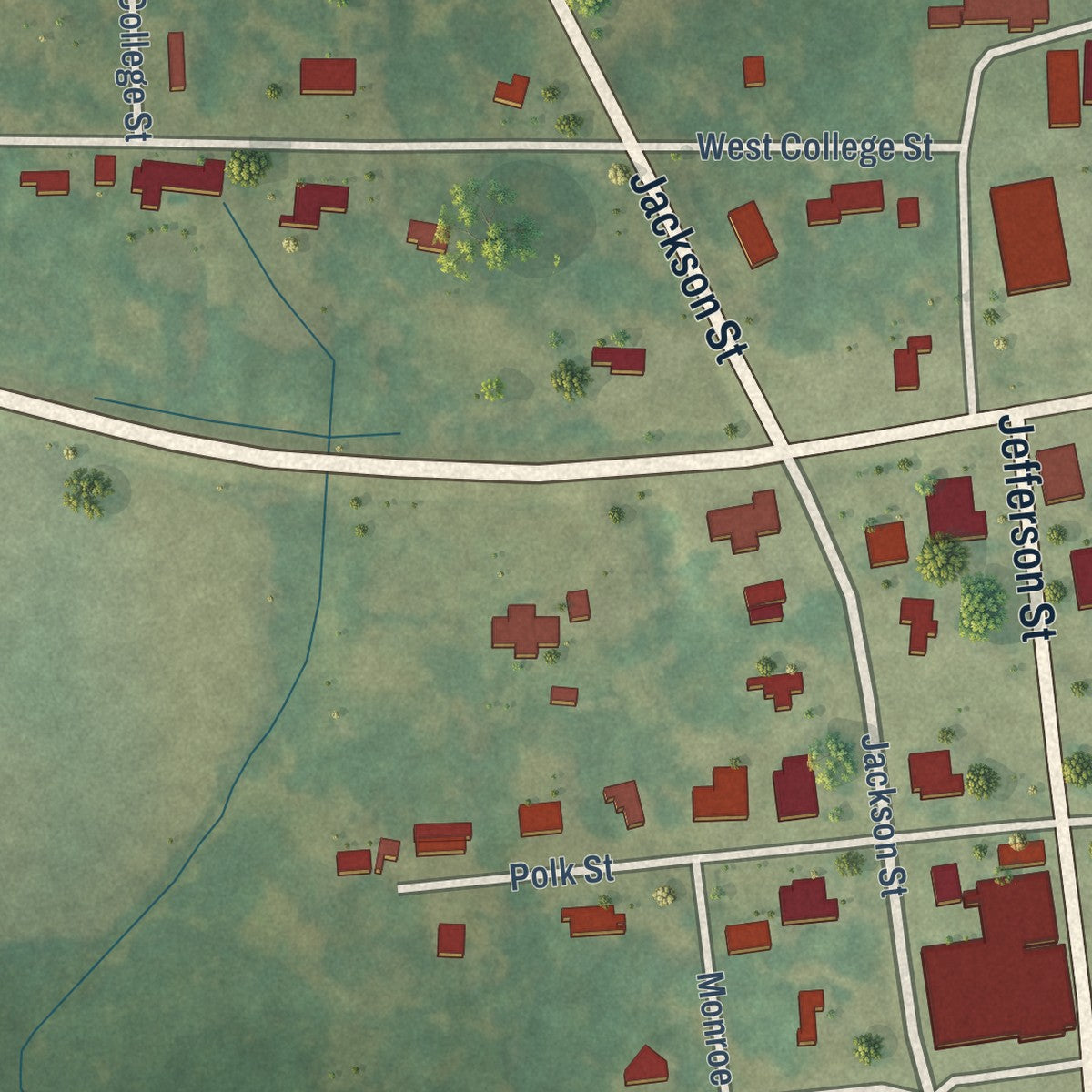 Close-up of the map of Hickory, Mississippi print showing street and building detail