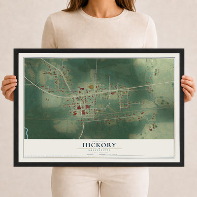 Map of Hickory, Mississippi, 12 x 18 inch print in a black wood frame