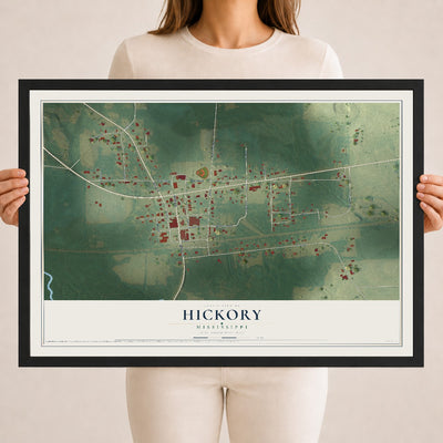 Map of Hickory, Mississippi, 18 x 24 inch print in a black wood frame