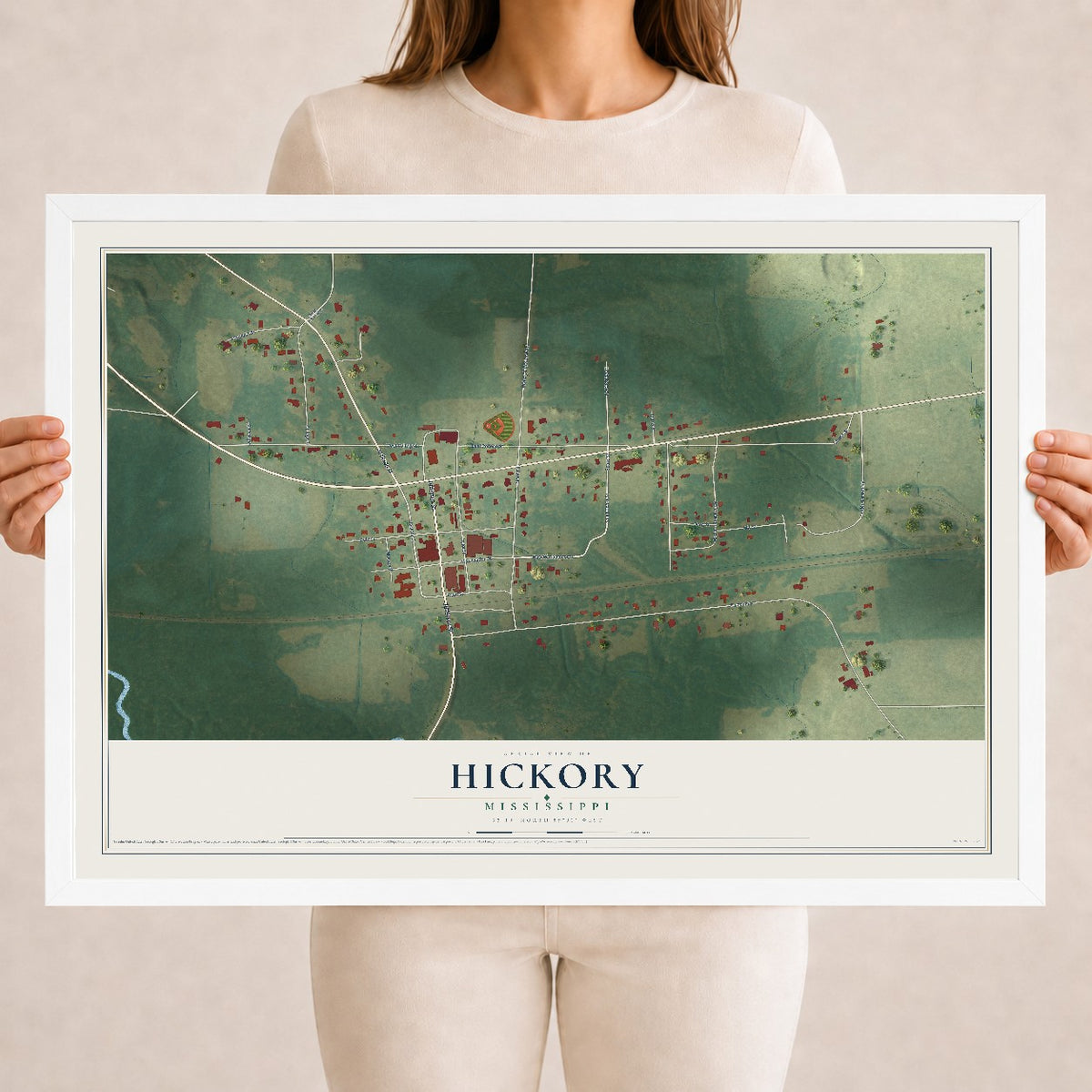 Map of Hickory, Mississippi, 18 x 24 inch print in a white wood frame