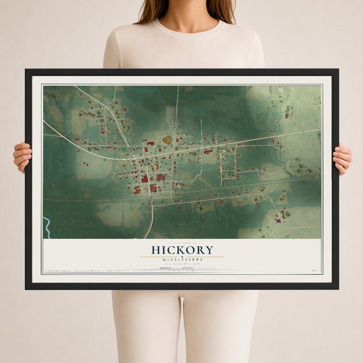 Map of Hickory, Mississippi, 24 x 36 inch print in a black wood frame