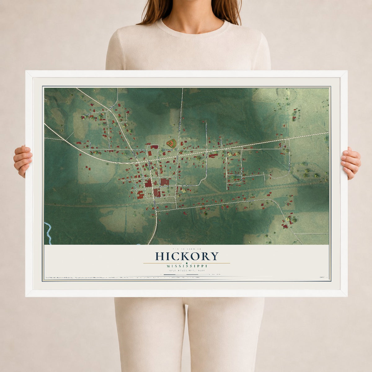 Map of Hickory, Mississippi, 24 x 36 inch print in a white wood frame