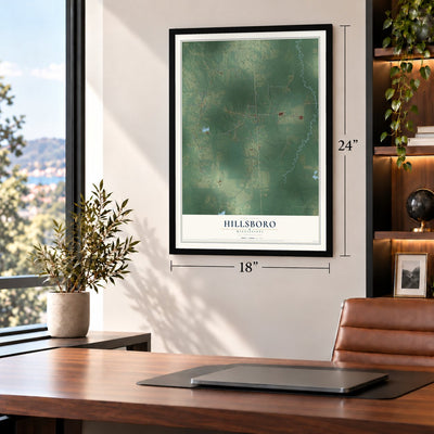 Hillsboro, Mississippi map, 18 x 24 inch print in a black frame in a home office