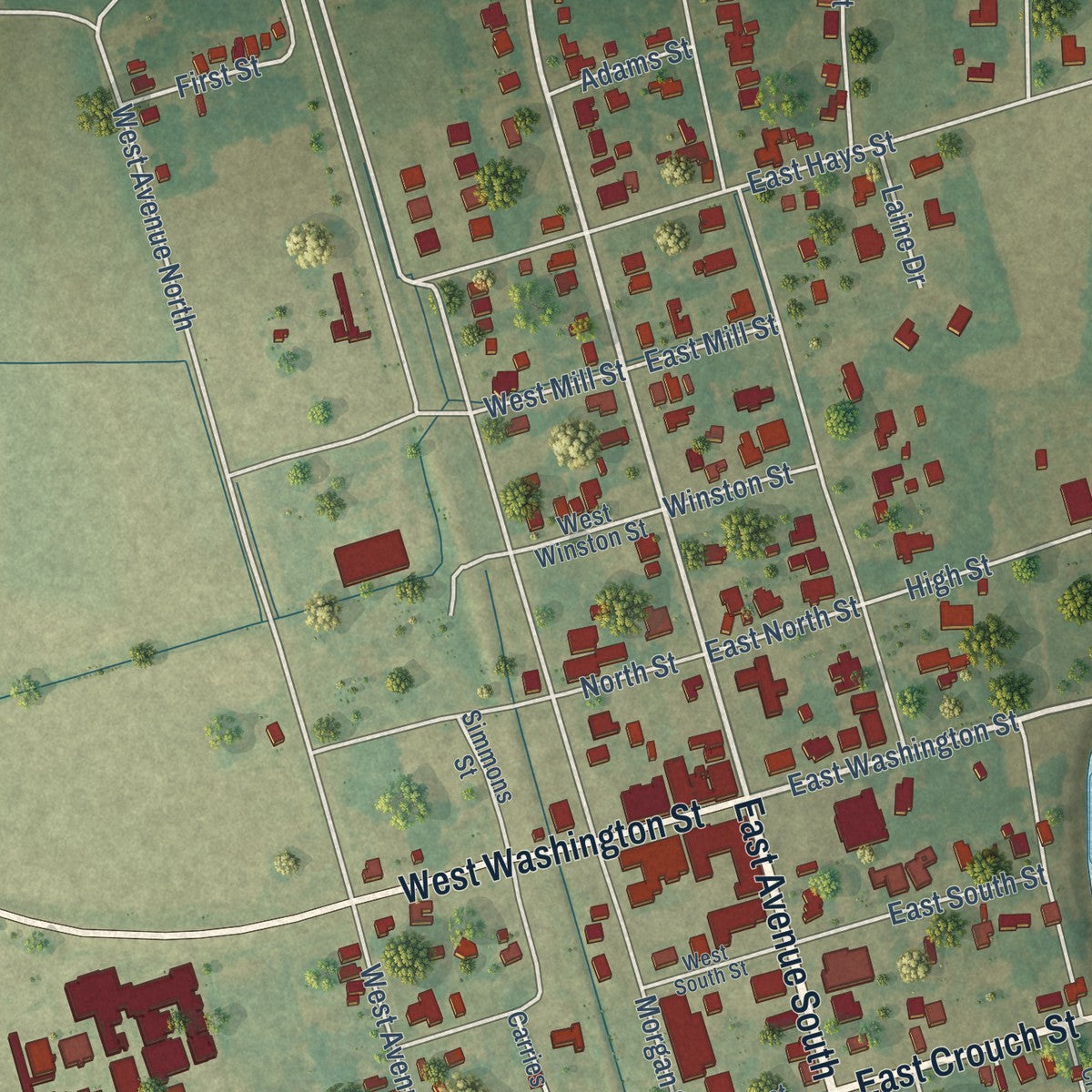 Close-up of the map of Hollandale, Mississippi print showing street and building detail