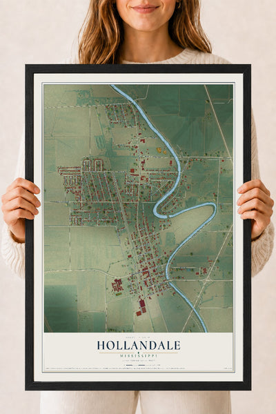 Map of Hollandale, Mississippi, 18 x 24 inch print in a black wood frame