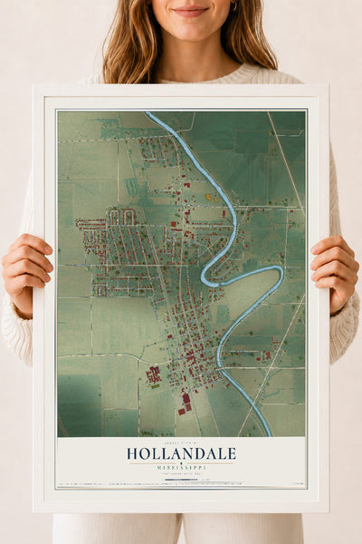 Map of Hollandale, Mississippi, 18 x 24 inch print in a white wood frame
