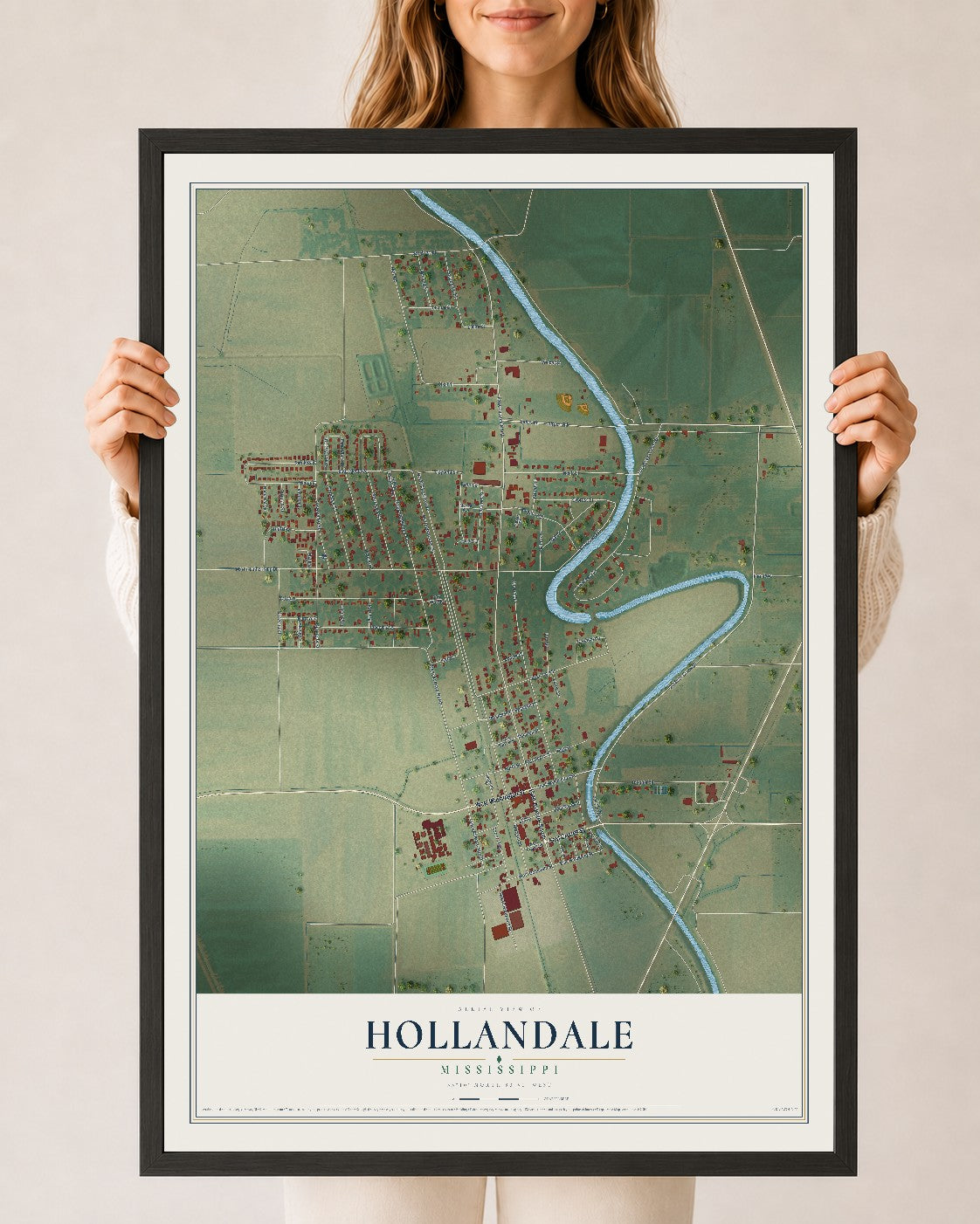 Map of Hollandale, Mississippi, 24 x 36 inch print in a black wood frame