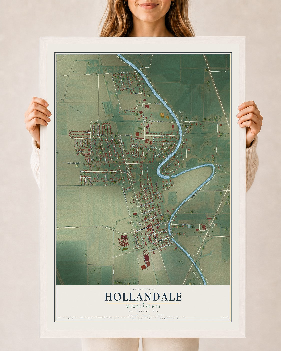 Map of Hollandale, Mississippi, 24 x 36 inch print in a white wood frame
