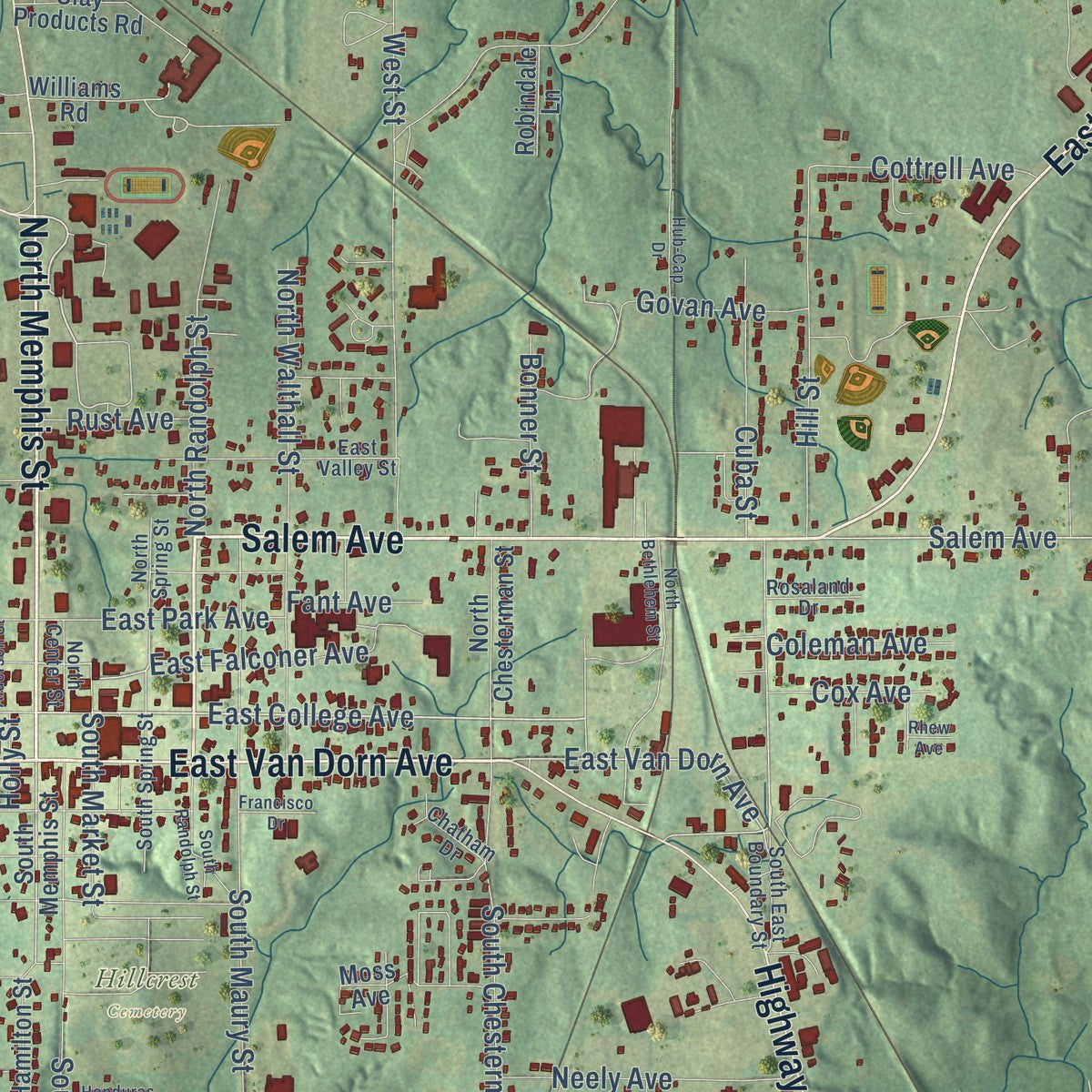Close-up of the map of Holly Springs, Mississippi print showing street and building detail