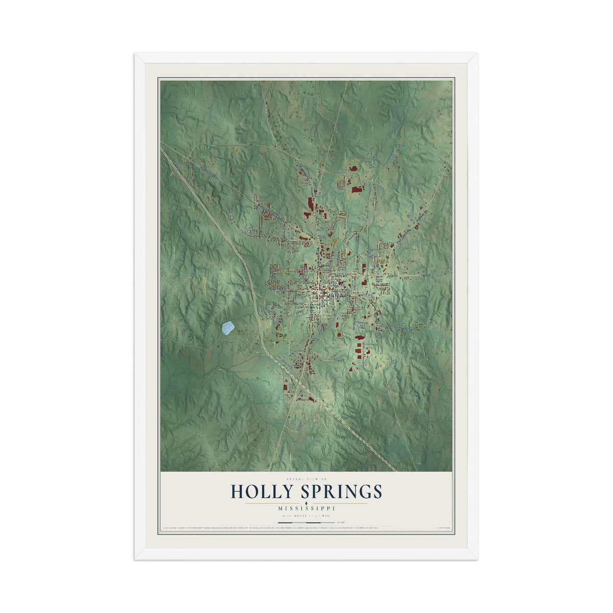 Map of Holly Springs, Mississippi, 12 x 18 inch print in a white wood frame