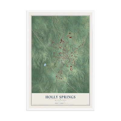 Map of Holly Springs, Mississippi, 12 x 18 inch print in a white wood frame