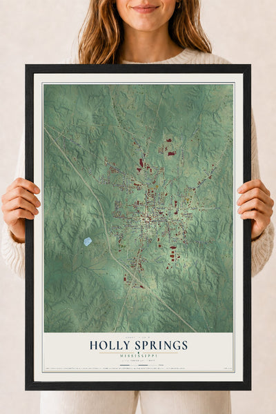 Map of Holly Springs, Mississippi, 18 x 24 inch print in a black wood frame