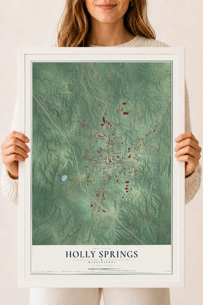 Map of Holly Springs, Mississippi, 18 x 24 inch print in a white wood frame