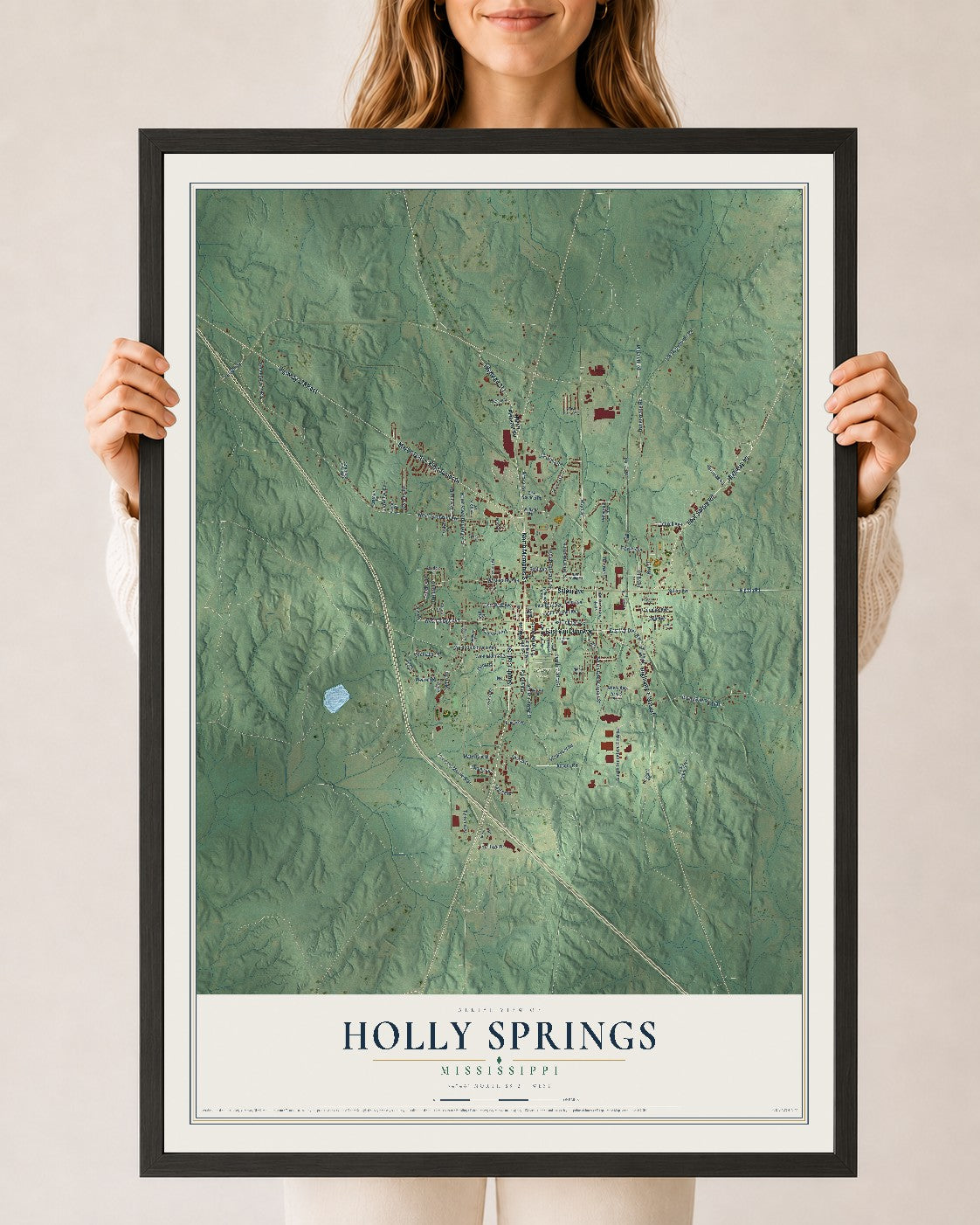 Map of Holly Springs, Mississippi, 24 x 36 inch print in a black wood frame