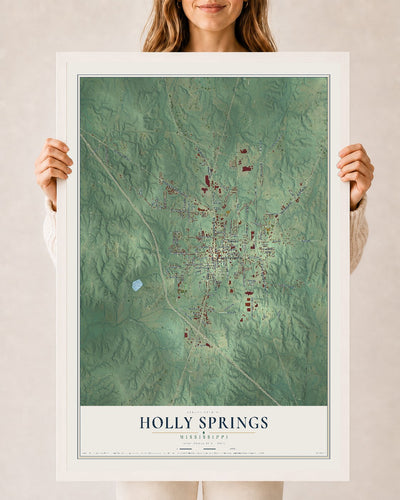Map of Holly Springs, Mississippi, 24 x 36 inch print in a white wood frame