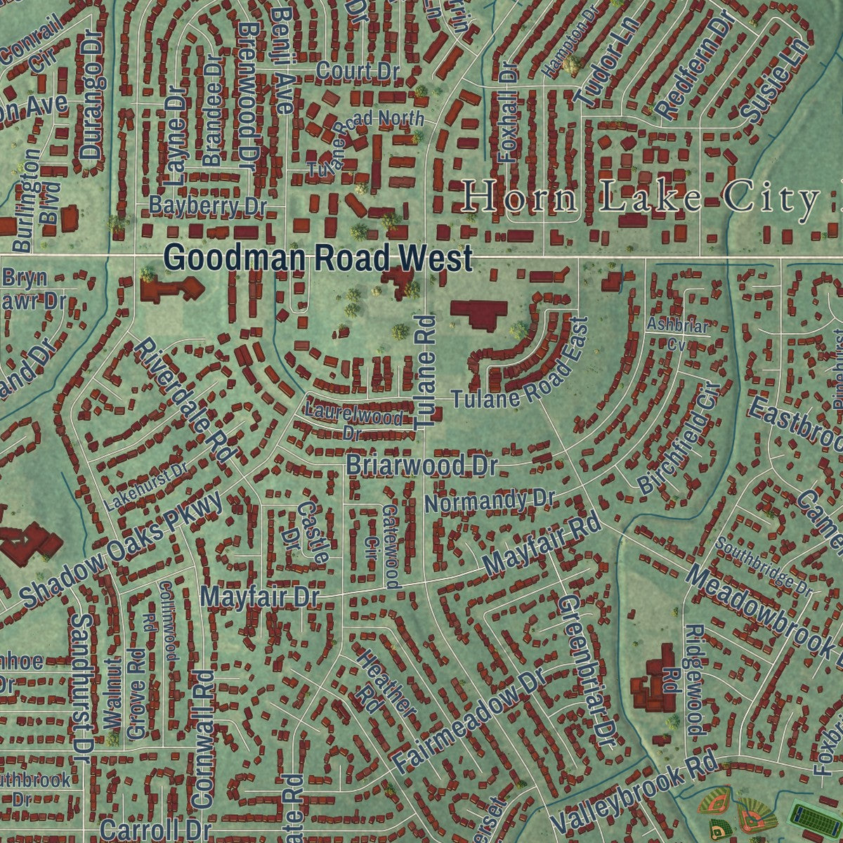 Close-up of the map of Horn Lake, Mississippi print showing street and building detail