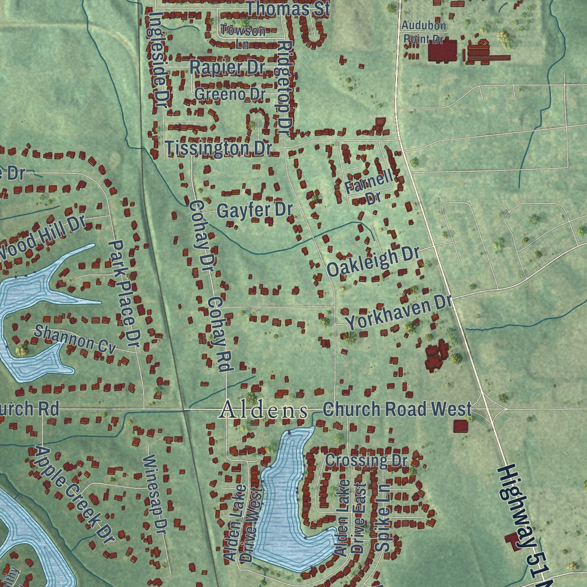 Second close-up of the map of Horn Lake, Mississippi print showing more streets and buildings
