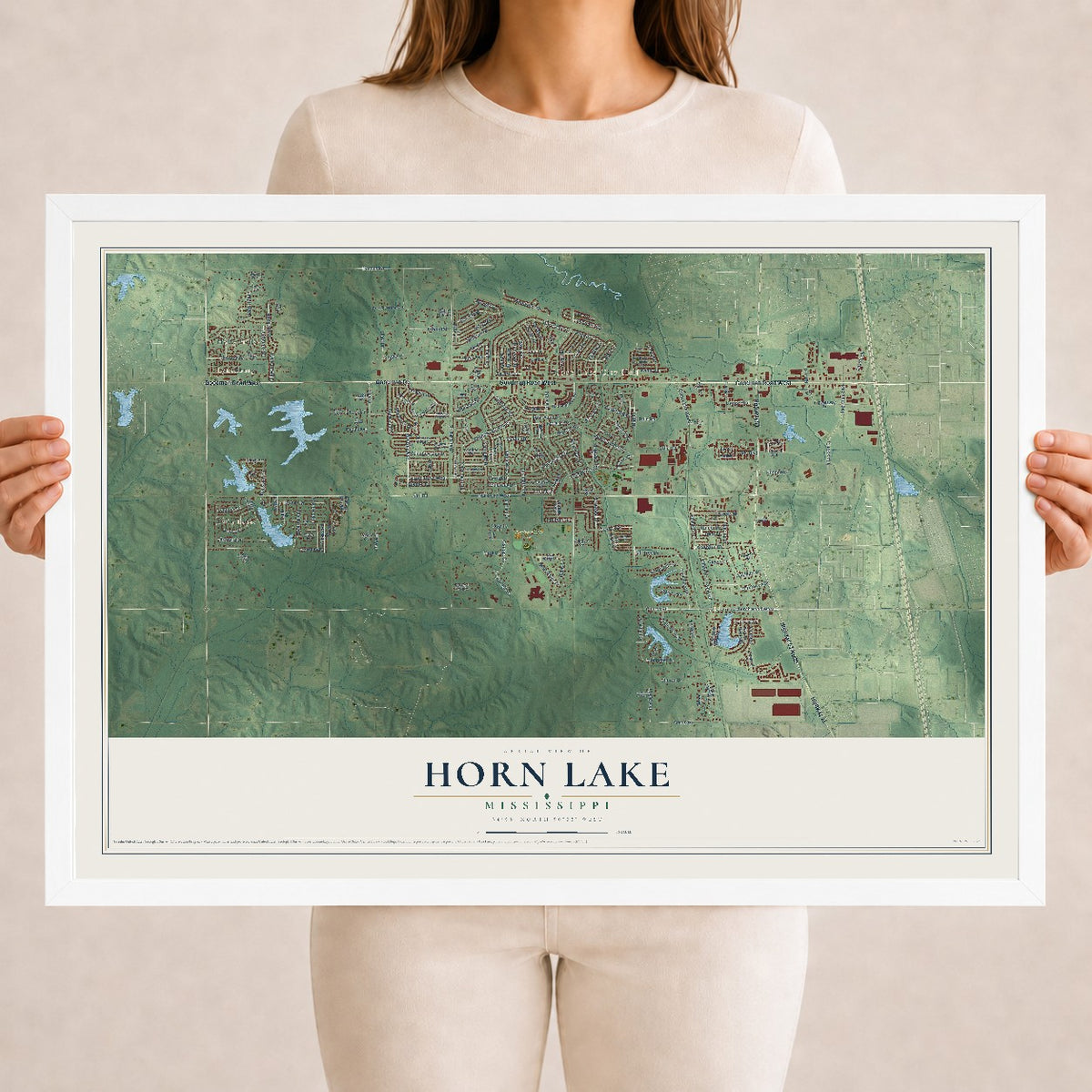 Map of Horn Lake, Mississippi, 18 x 24 inch print in a white wood frame