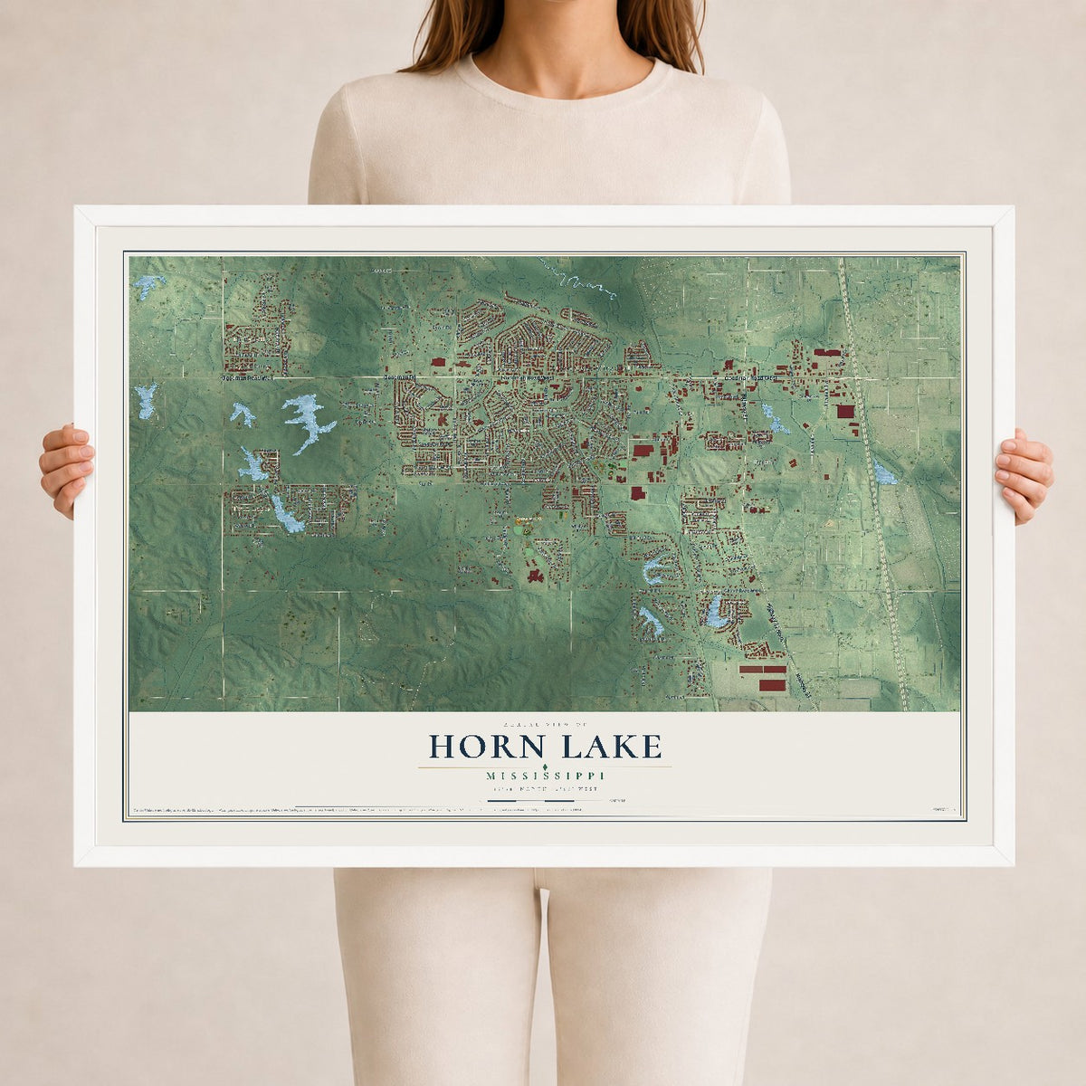 Map of Horn Lake, Mississippi, 24 x 36 inch print in a white wood frame