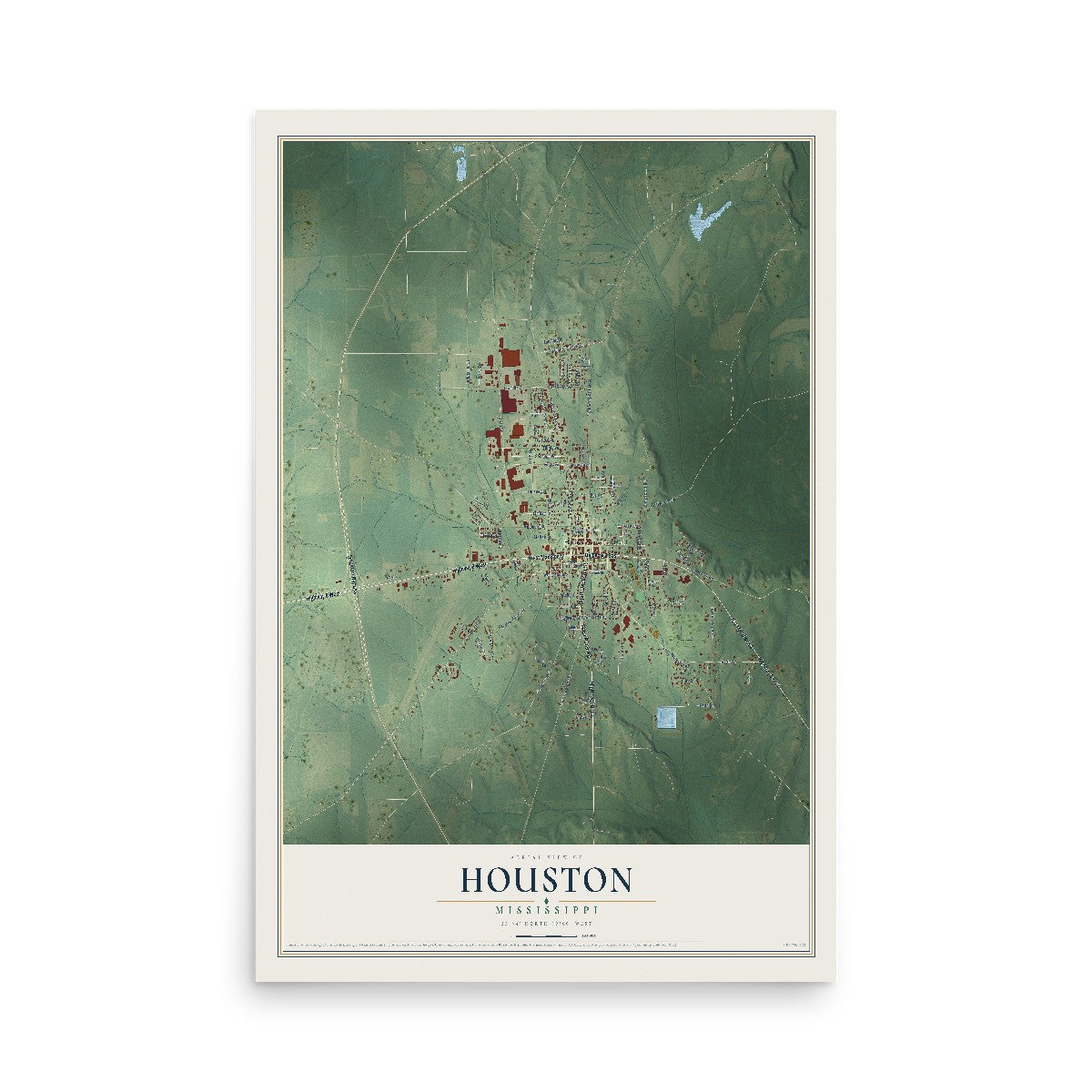 Map of Houston, Mississippi, 12 x 18 inch unframed archival matte print