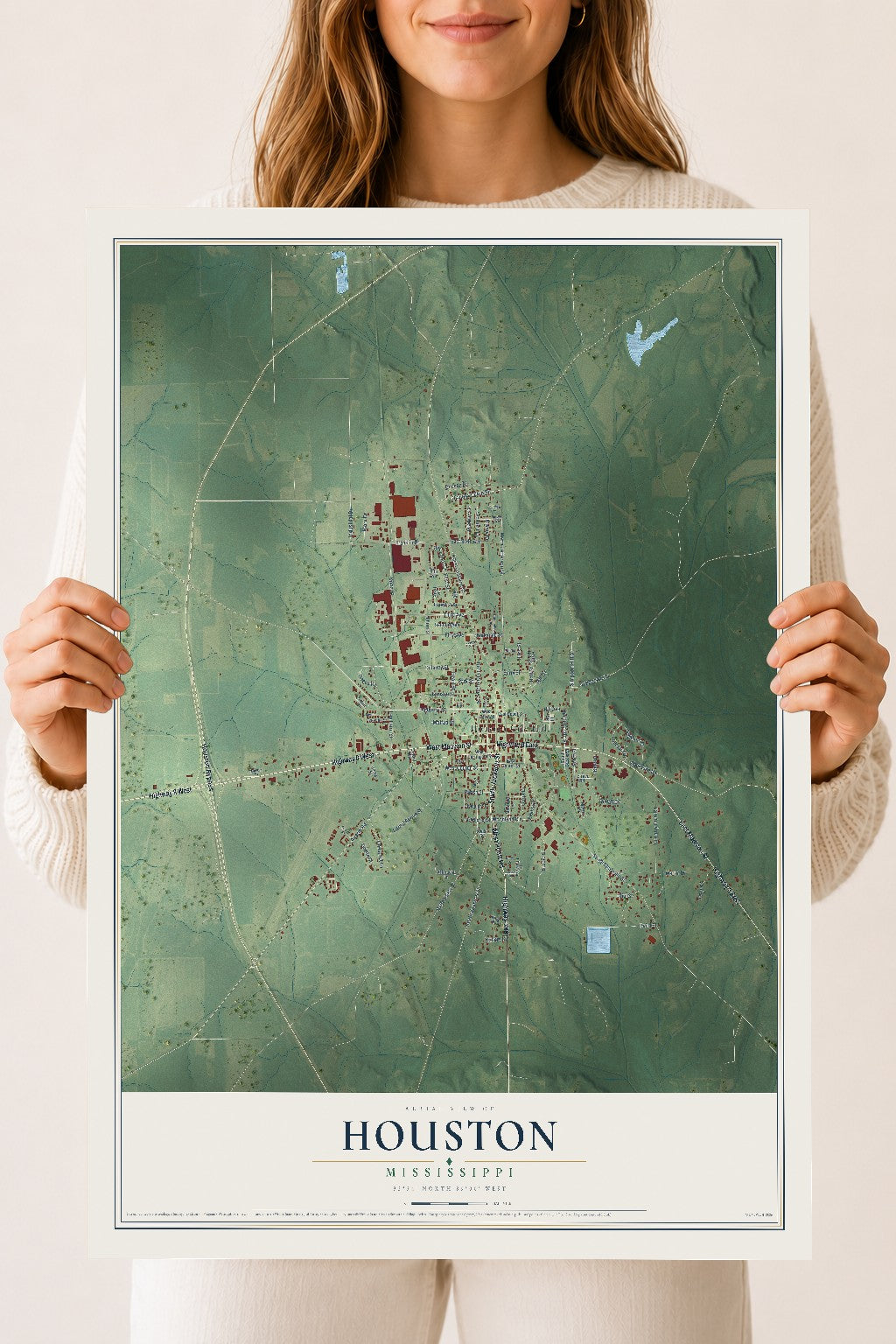Map of Houston, Mississippi, 18 x 24 inch unframed archival matte print