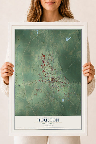 Map of Houston, Mississippi, 18 x 24 inch print in a white wood frame