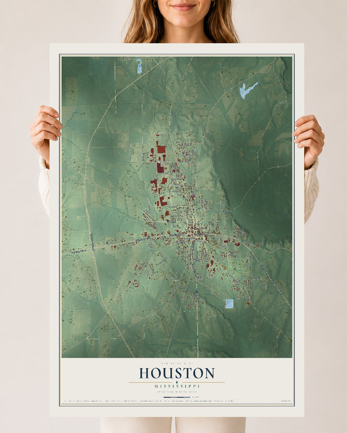 Map of Houston, Mississippi, 24 x 36 inch unframed archival matte print