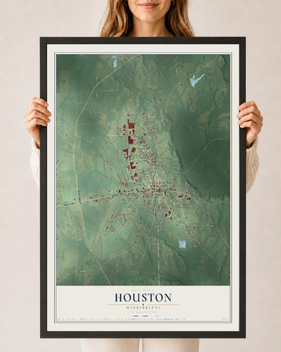 Map of Houston, Mississippi, 24 x 36 inch print in a black wood frame