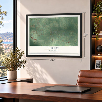 Hurley, Mississippi map, 18 x 24 inch print in a black frame in a home office