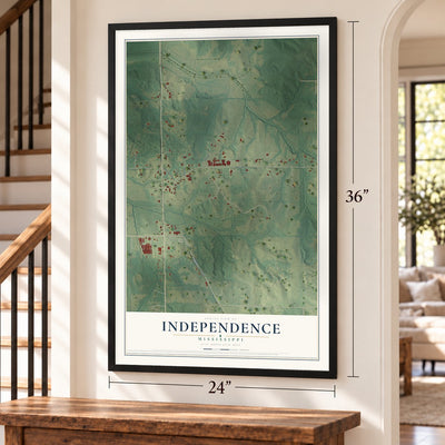 Independence, Mississippi map, 24 x 36 inch print in a black frame by a staircase