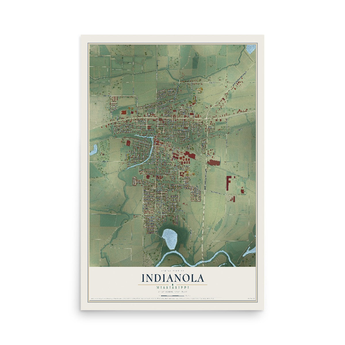 Map of Indianola, Mississippi, 12 x 18 inch unframed archival matte print
