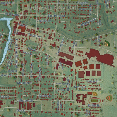 Close-up of the map of Indianola, Mississippi print showing street and building detail