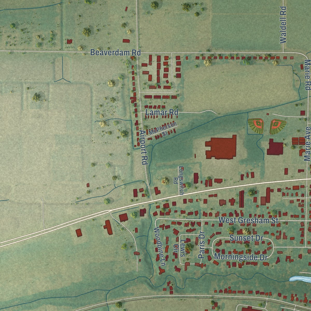 Second close-up of the map of Indianola, Mississippi print showing more streets and buildings