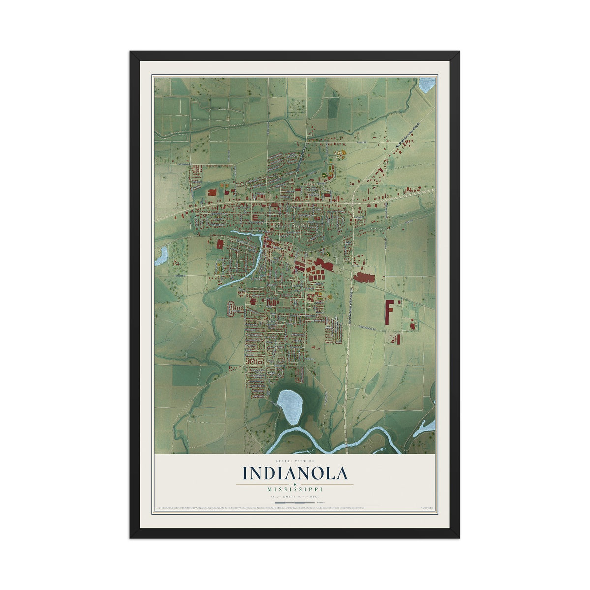 Map of Indianola, Mississippi, 12 x 18 inch print in a black wood frame