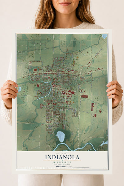 Map of Indianola, Mississippi, 18 x 24 inch unframed archival matte print